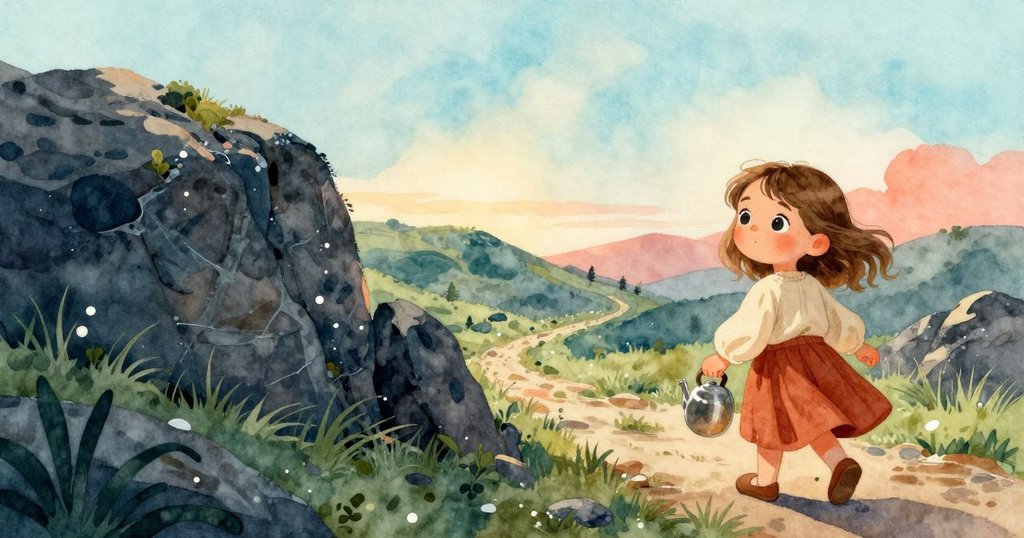 Nessa 在山坡小徑上行走, 手持熱氣騰騰的茶瓶, 清晨柔和光線中充滿期待, 開始冒險旅程.