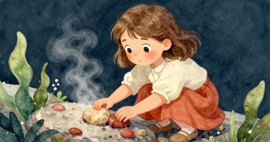 Nessa 正專注用手放置兩塊石頭, 近景展現石頭質感與蒸氣交融, 表情中透露著細心與專注.