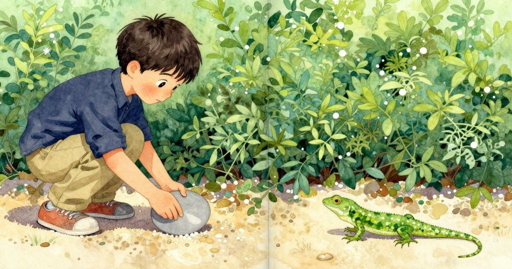 Valen 臉上流露出專注, 一邊拾起草叢中的灰石, 同時蜥蜴在卵石上觀望, 畫面分割呈現動態情境.