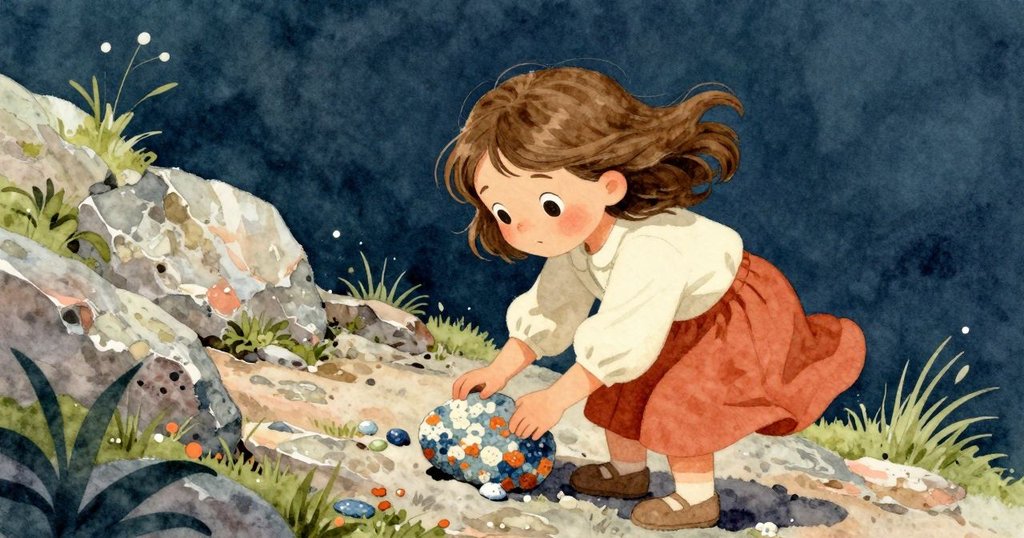 Nessa 在風中彎腰拾取閃著藍白橙苔的石頭, 頭髮隨風飄揚, 現場充滿自然動感與細膩質感.