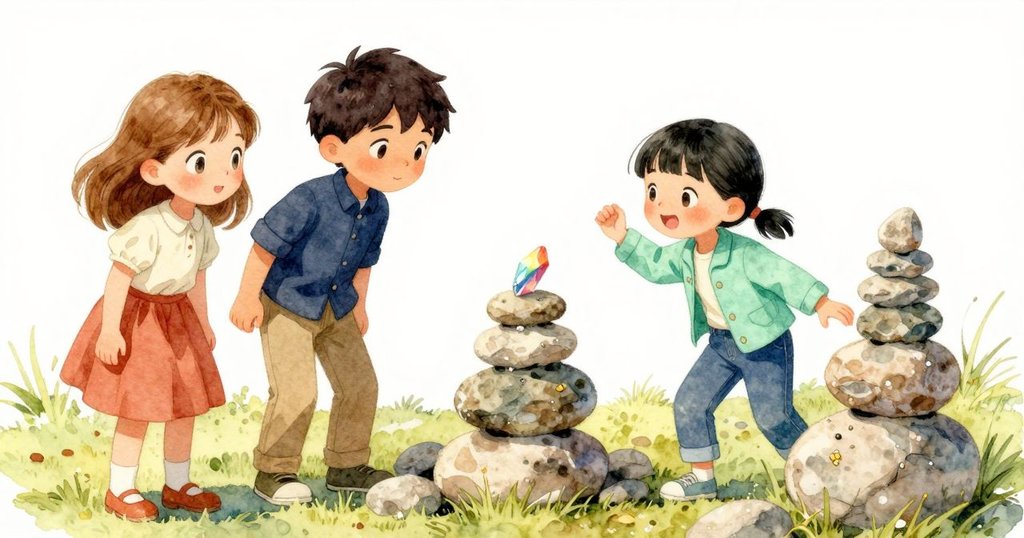 Nessa、Valen 與 Joelle 聚集在平穩的石塔旁, 皆帶著喜悅笑容, 彩虹石靜謐閃耀, 迎來冒險圓滿結局.