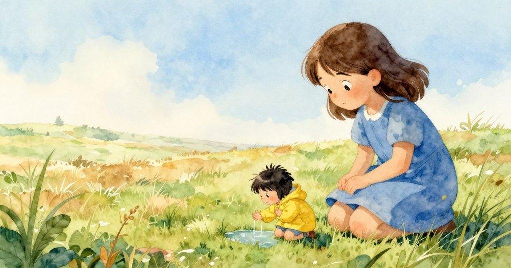 莉莉在濕潤草地上跪著，手持大葉片，Drip輕拍水塘，旁邊放著小兔玩具，場景寧靜充滿溫暖。