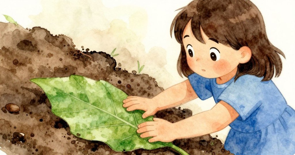 莉莉專注地用大葉片壓平暗色泥土堆，手部特寫呈現泥土與葉片細膩質感，場景靜謐。