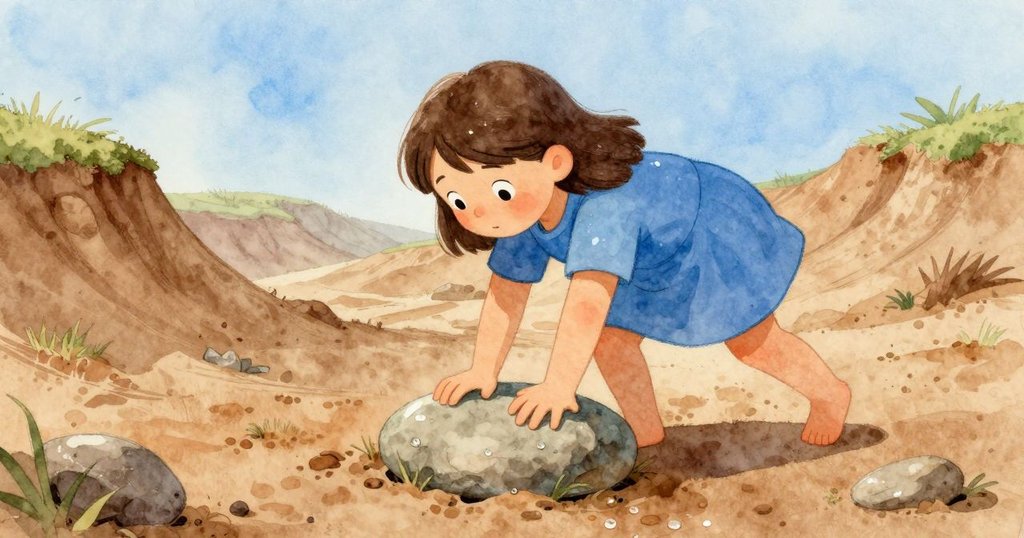 莉莉彎腰推動扁石修整泥谷邊緣，動作專注，晨光中露珠如窗般閃耀，場景生動。