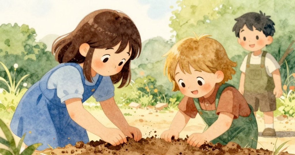 莉莉仔細修整泥谷邊緣，旁邊的朋友露出鼓勵微笑，晨光轉向明亮，場景充滿希望。