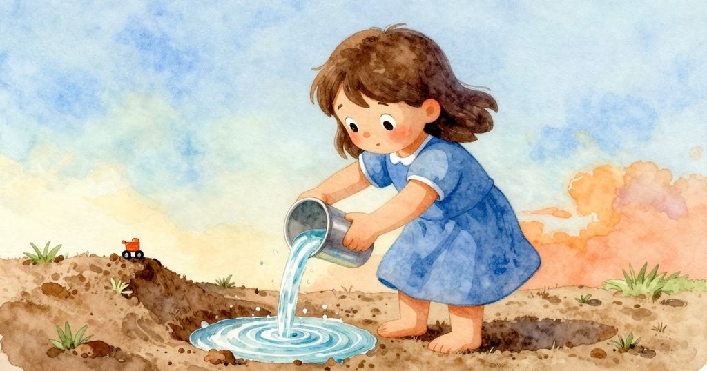 莉莉輕輕將水倒入泥谷，形成細流蜿蜒流下，小兔玩具靜坐山頂，她神情堅定。