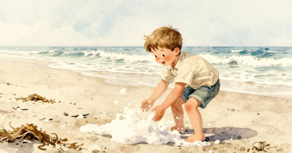 Vaughn在明亮的沙灘上玩耍，手上噴出泡沫，海藻和鳥印點綴背景，充滿活力與快樂的戶外場景