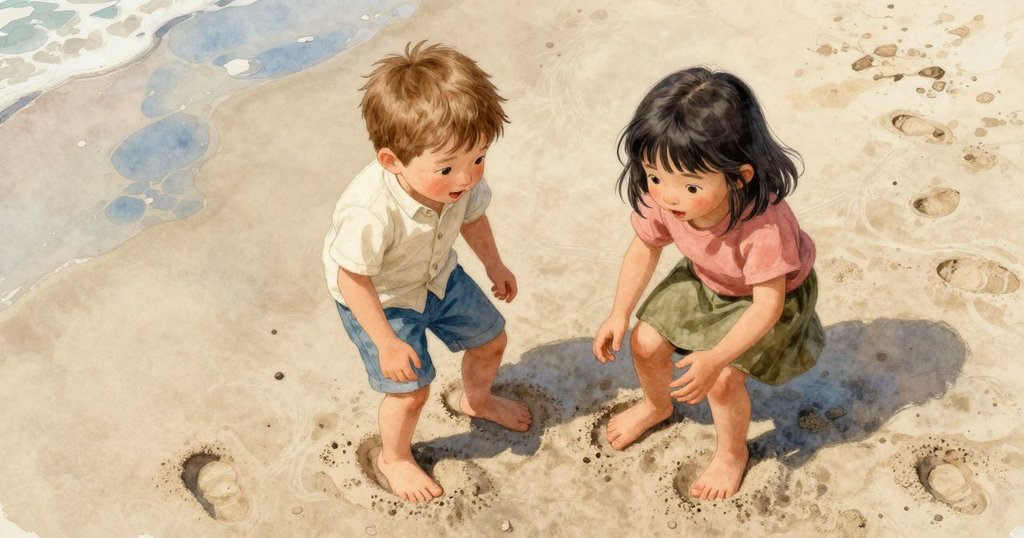 從高處俯視，Vaughn在濕沙中搖晃腳趾，留下細緻足跡，遠處沙灘自然景致展現童趣