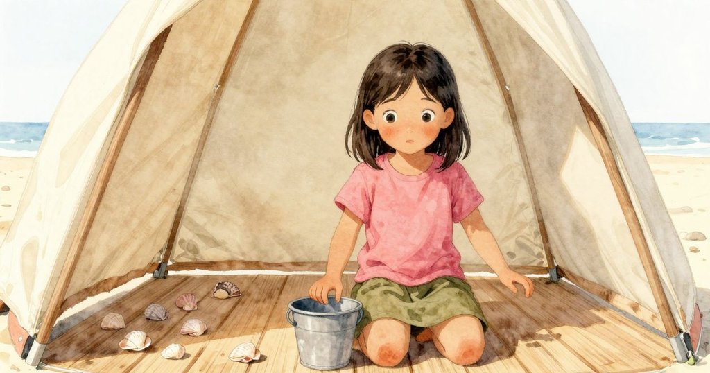 Cora在海灘小屋內舉著小桶，貝殼在地面滑動，她神情略帶不悅，呈現出室內溫暖而細膩的氛圍