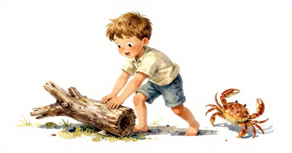 Vaughn敲擊漂木後，一隻小螃蟹快速橫奔，瞬間動感和驚訝神情營造出緊張刺激的場面