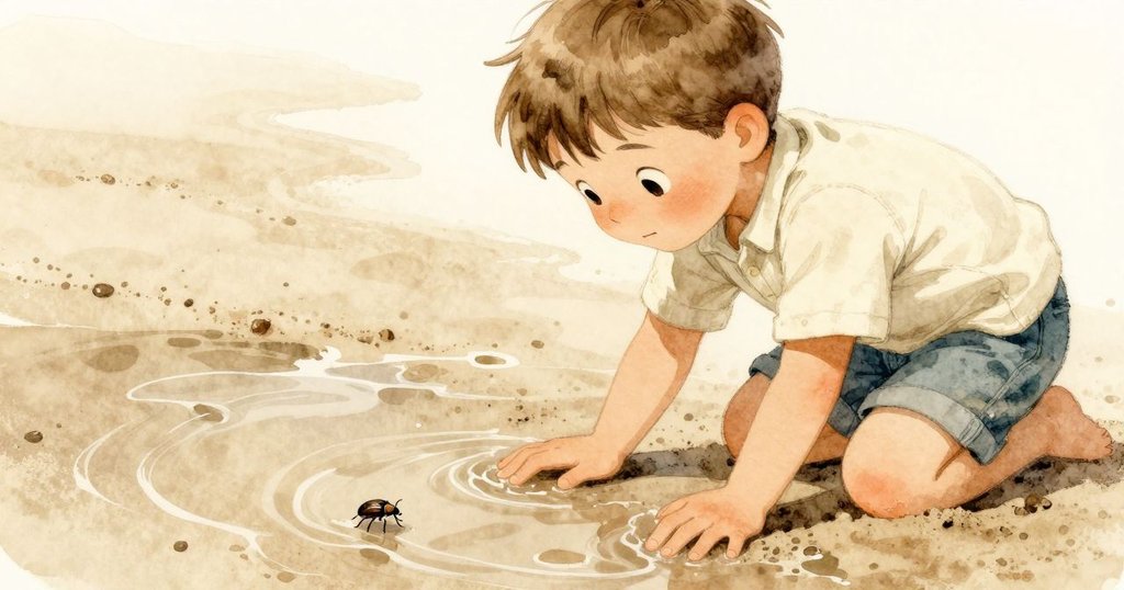 Vaughn靜靜按壓濕沙，清水輕滲，手部放鬆旁邊小甲蟲慢爬，整體氛圍平和寧靜