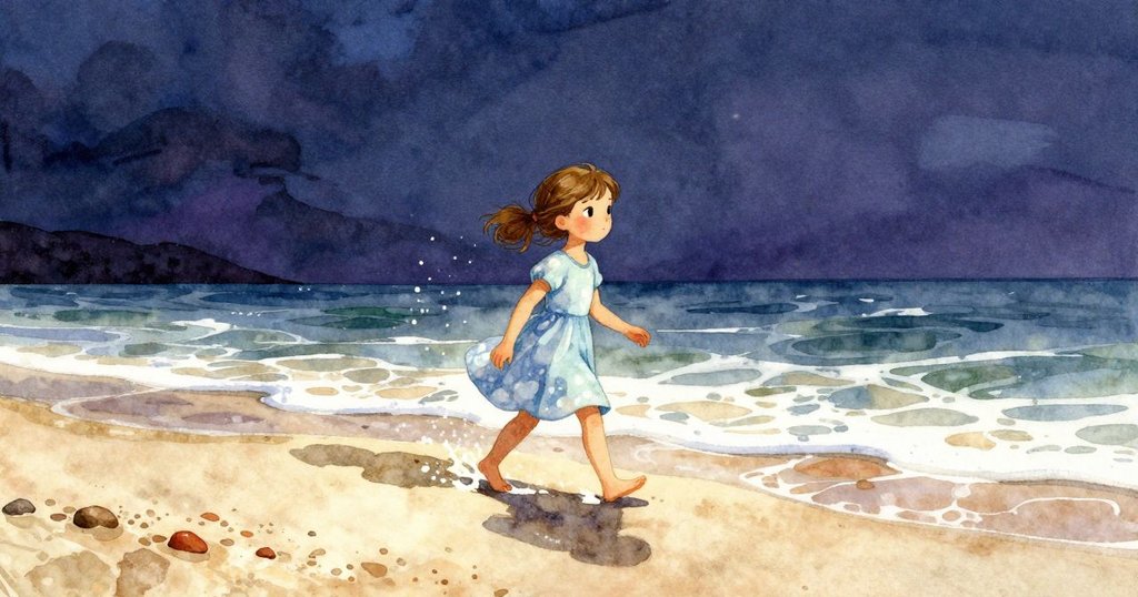 Lena在濕潤沙灘上行走，泡沫四濺，夕陽投下溫暖光芒，她神情專注，呈現探索開始的情緒。