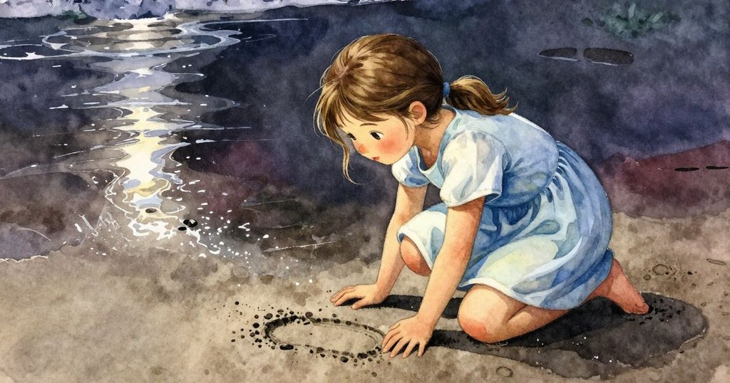 Lena彎身細看閃爍腳印，旁邊有光滑卵石，溫暖光線下，展現出探索記憶與細節的情感。