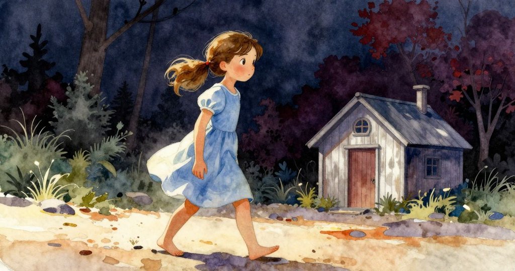 從低角度看，Lena堅定向遠處小屋走去，背景有舊木板和海藻，神情充滿決心與期待。