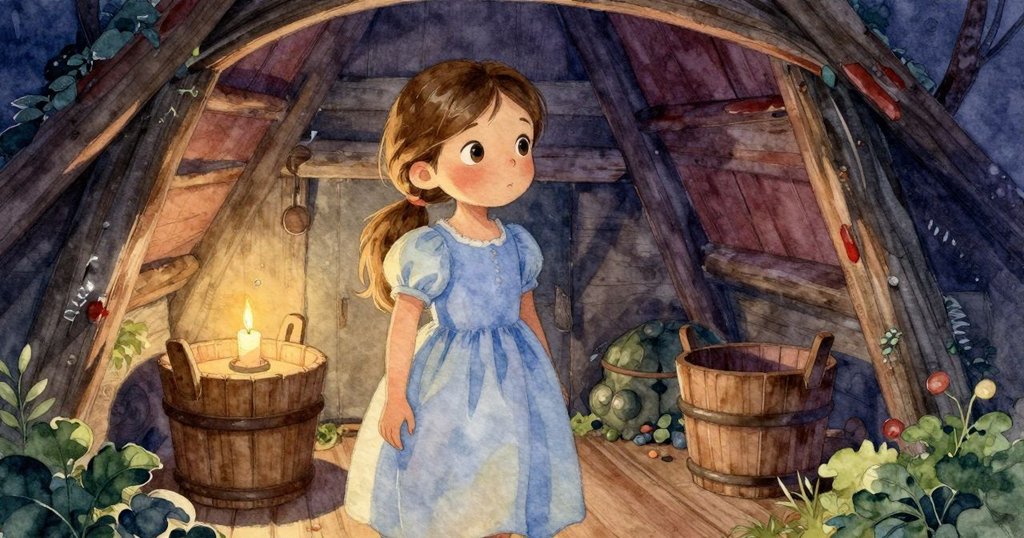 Lena在小木屋內仔細觀察木桶、蠟燭和海貝，柔和燈光下透露出寧靜與神秘探索的心情。