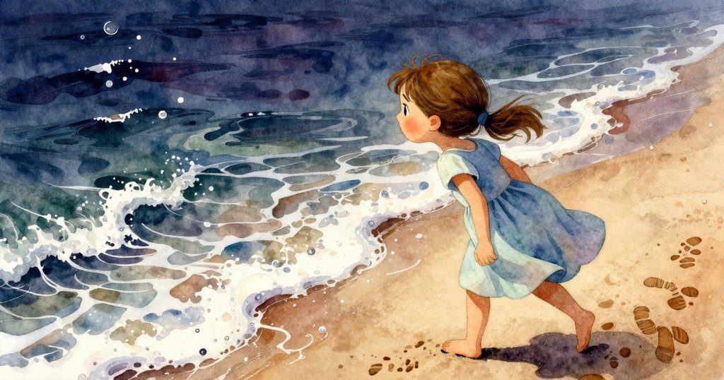 波浪迅速淹沒閃爍的腳印，Lena神情凝重地觀察，濕沙中展現短暫與變幻的瞬間。