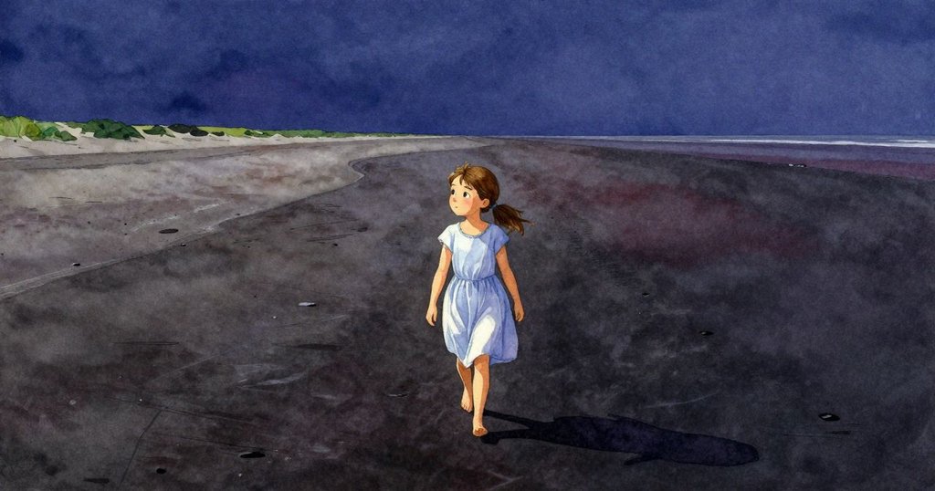 Lena踏上深色濕沙的路徑，逐漸消逝的腳印引領她面向開闊地平線，神情平靜中帶著希望。