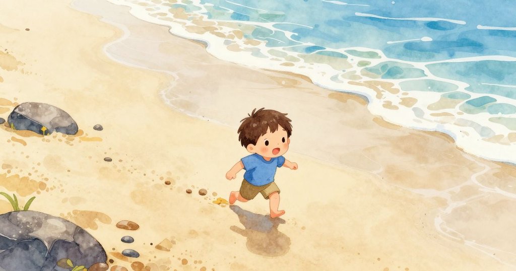 小明站在濕潤的沙灘上，頭髮棕色，正專注看著海邊泡沫，早晨光線溫暖，鳥瞰全景展現海灘與岩石