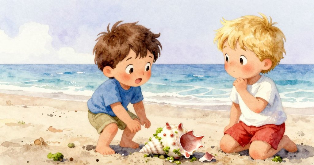 小明近拍一隻破碎的貝殼，邊緣有綠苔爬行，細節豐富，晨光柔和，呈現自然細膩之美