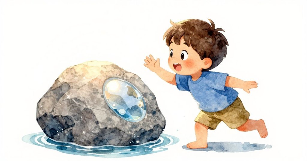 小明側面鏡頭下，一手舉起遮陽，岩石反映出清澈水面，晨光中展現自然光影對比