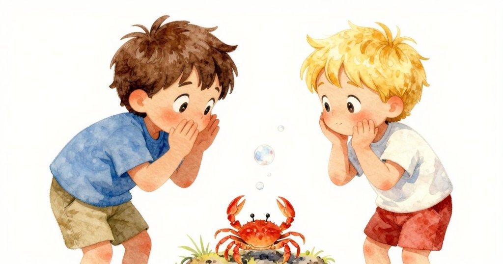 小明與小華共同觀察螃蟹走出陰影，小華低語解謎，四周冒出細小泡泡，充滿驚奇與活力