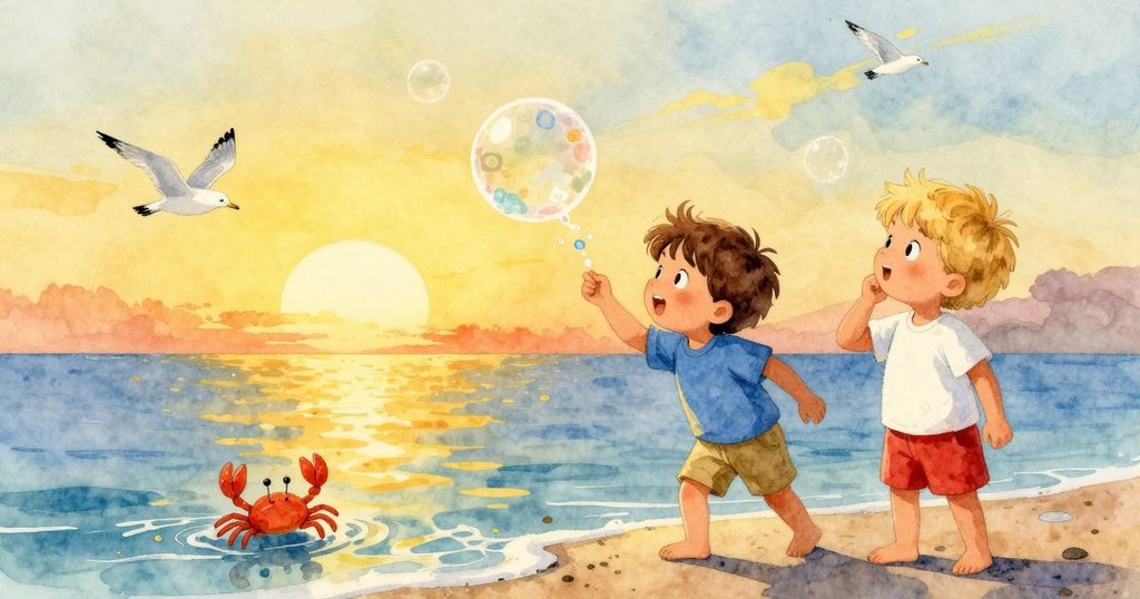 金色夕陽下，一顆泡泡破裂散出鹽珠，螃蟹滑回岩石下，一隻海鷗悠然掠過，展現平靜結局