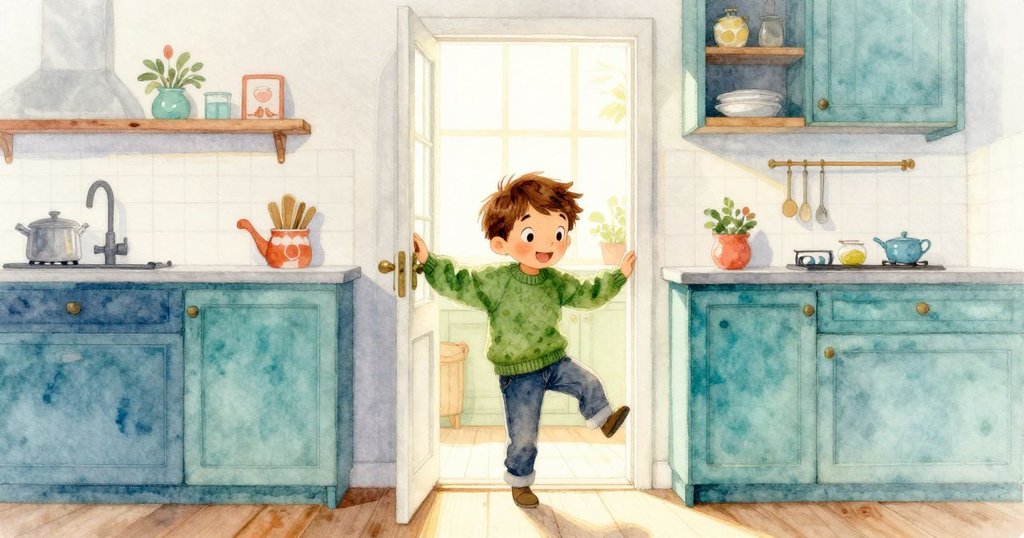 Atlas走入明亮溫暖的廚房,他邁步穿過敞開的門,滿懷期待,晨光灑落進室內,展開新一天冒險