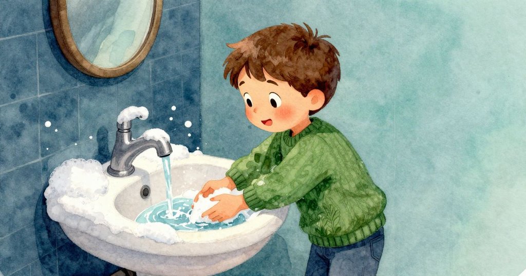 廚房水槽中皂泡輕輕漂浮,水流滑過泡影形成柔和倒影,整個場景流露出靜謐清晨的溫暖感