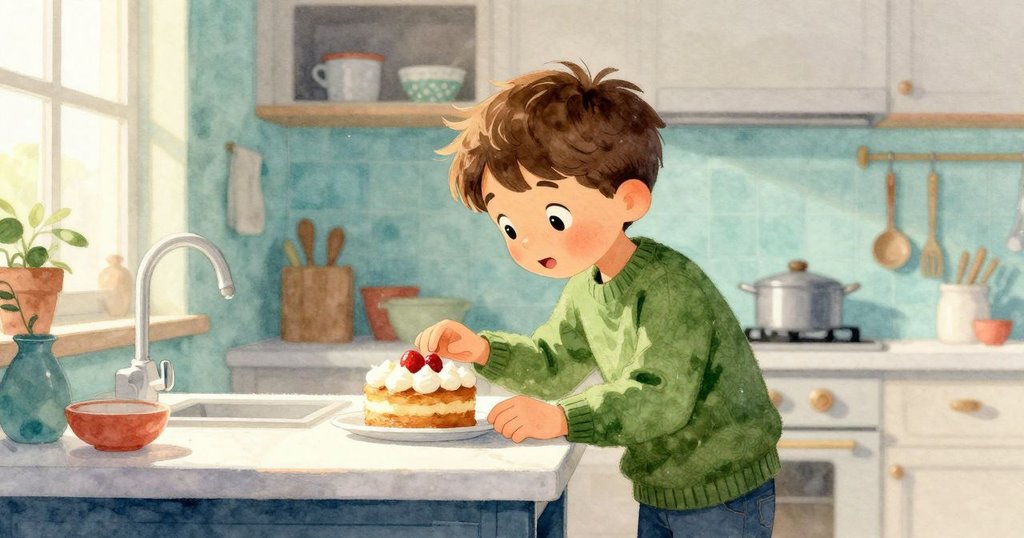 Atlas凝視櫃檯上逐漸冷卻的小蛋糕,細看蛋糕表面下沉與微弱餅屑環,表情充滿好奇與關懷