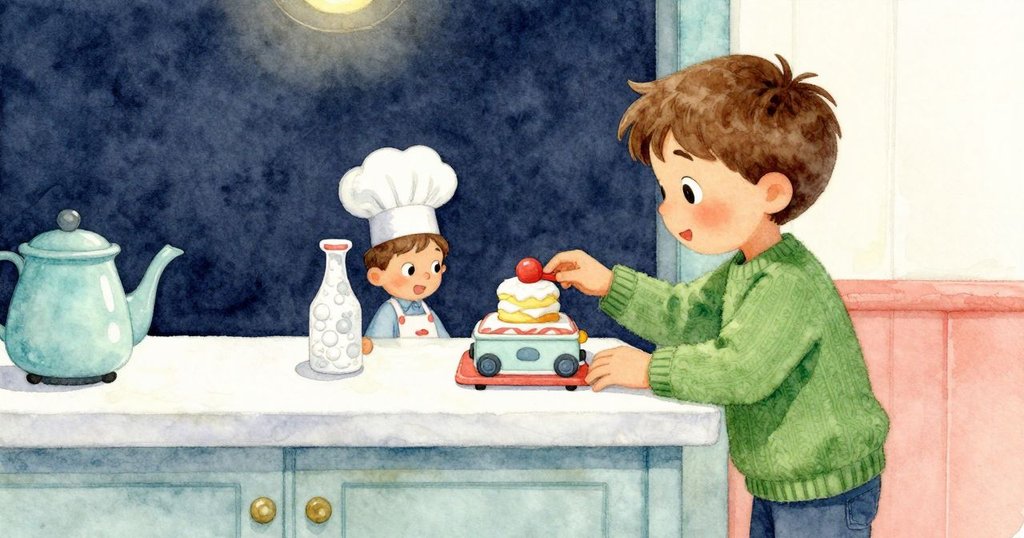 Atlas與戴著亮黃塑膠帽的玩具麵包師親切互動,動作輕柔,廚房櫃檯環境溫馨明亮,展現童心趣味