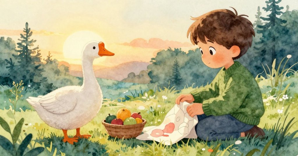 Atlas在廚房角落靠近水果碗旁,注視著半縫布鵝,夕陽金光灑落,他神情沉思,場景溫暖寧靜