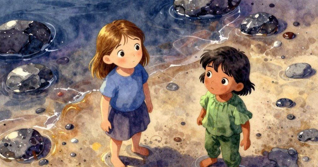 莉拉克在濕沙上行走,佛羅拉蹲在岩池旁檢查傾斜桶子與散落貝殼,鳥瞰視角展現故事開始場景