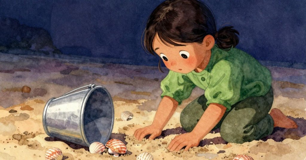 佛羅拉蹲下仔細觀察傾斜桶子和濕沙上散落條紋貝殼,細節豐富展現故事發展中的現場觸感