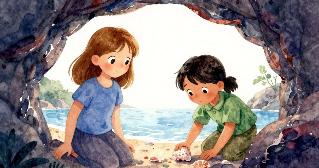 透過天然岩拱框出莉拉克伸手取貝,佛羅拉穩住桶子,畫面展現溫馨合作,呈現故事轉折