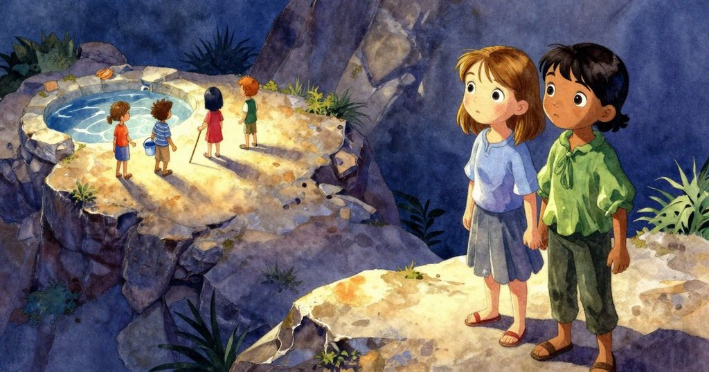 高視角顯示莉拉克與佛羅拉在岩池邊協同作業,佛羅拉穩桶,莉拉克用棍子引導貝殼,展現故事發展