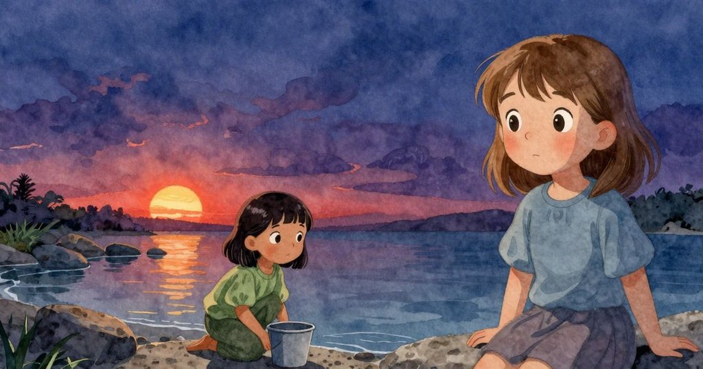 夕陽餘暉中莉拉克和佛羅拉並肩膝行池邊,桶子已豎立,柔和波浪與遠處海鷗聲帶來平靜結尾