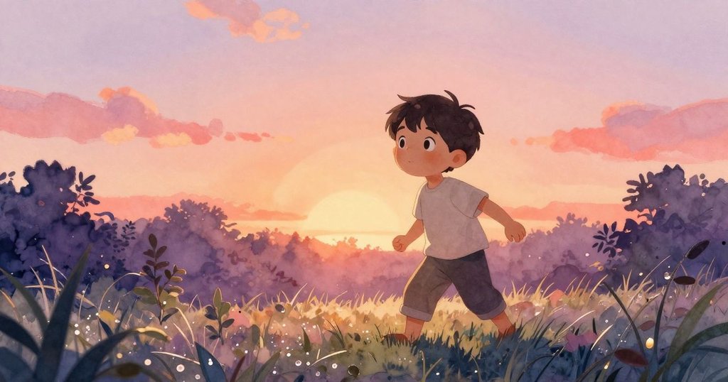 拉斐爾在清晨花園小徑上行走，白帽子輕輕滾動，天空染著柔和的晨光，表情中透露著期待與專注