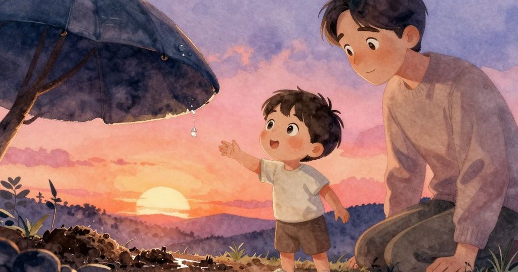 白帽邊緣滴落一顆水珠落在濕潤泥土上，細節清晰展現自然奇妙瞬間，光線柔和而迷人