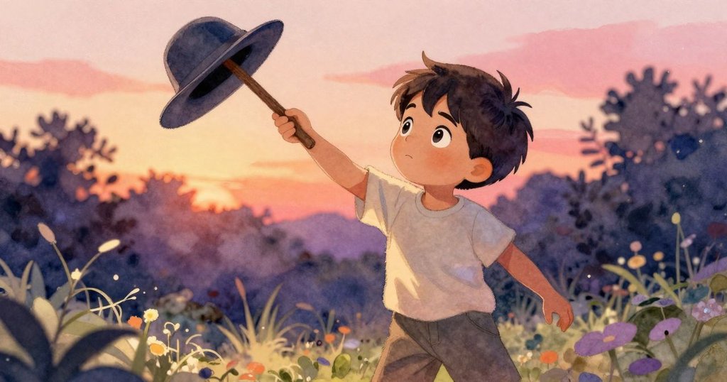 拉斐爾專注地用小棒撬動白帽，輕輕搖動去除黏附的泥土，面部神情洋溢堅定與滿足