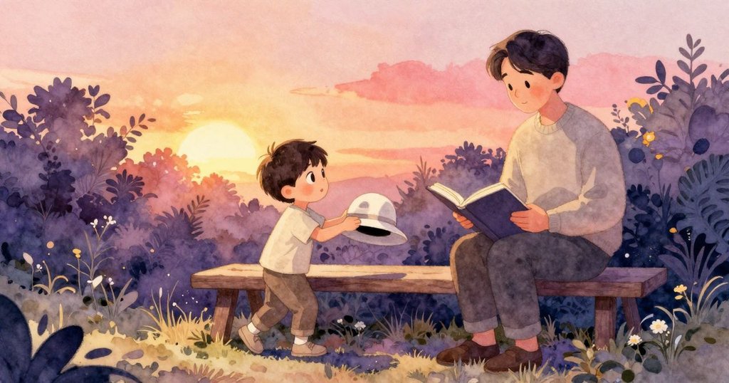 拉斐爾將白帽輕放在長椅上，旁邊閱讀的大人微笑點頭，花園中晨光溫暖、鳥語悅耳，氣氛溫馨寧靜