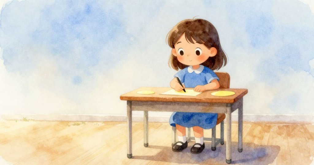 Lily站在桌前，背景晨光微霧中，桌上散落著黃色紙圈，她眼中充滿期待與好奇。