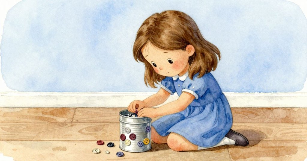 Lily溫柔擁抱著鈕扣罐，罐子邊緣晃動散落三顆鈕扣，情感溫暖，展現創作專注。