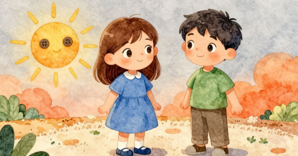 紙圈變成明亮太陽，兩顆鈕扣作趣味眼睛，細膩紋理呈現於灰色地毯上，工藝細節盡顯。