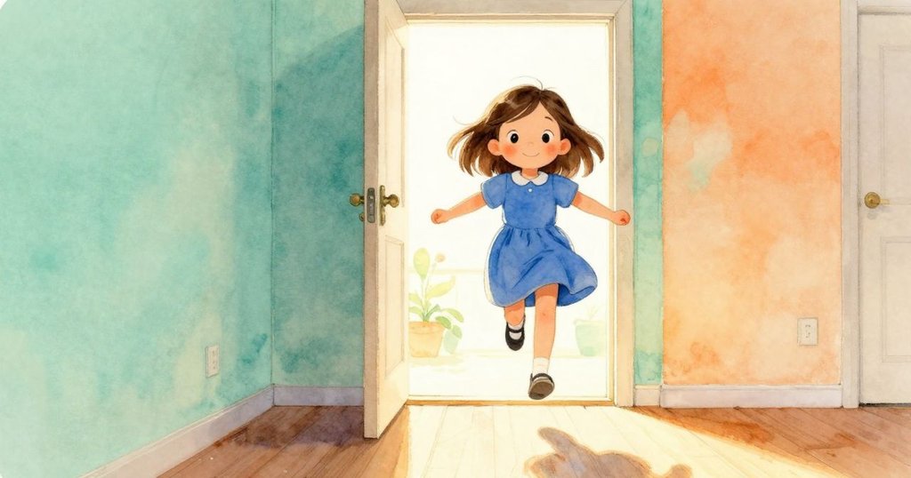 Lily快樂地跳向敞開的門，手捧完成的紙太陽，迎向陽光照耀的新旅程與希望。