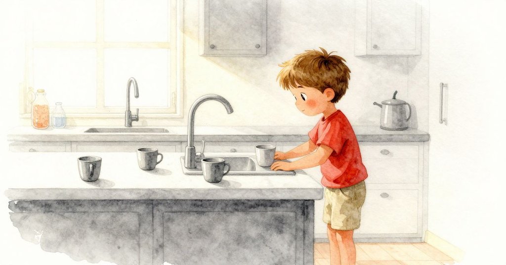 Ronan站在廚房水槽旁，晨光透過窗戶灑落在排列整齊的杯子上，展現出期待與溫暖的早晨氛圍。