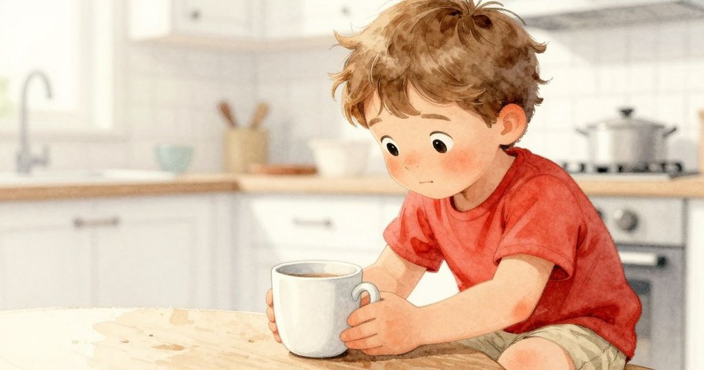 Ronan專注地注視著第一個杯子，眼神中充滿好奇與驚喜，柔和光線映出他的期待與專注。