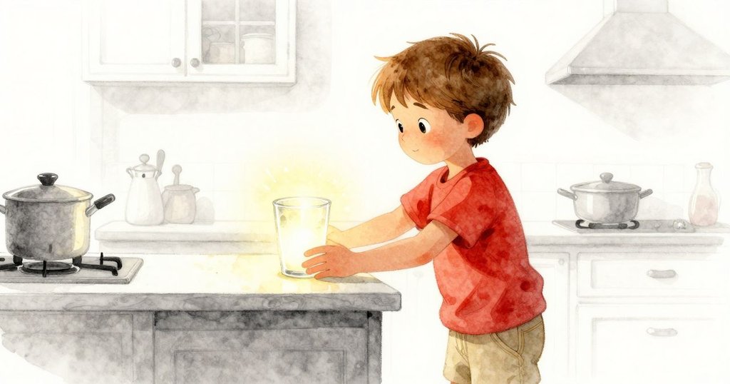 Ronan輕輕放下第三個高挑杯子，其邊緣散發著奶油般的微光，整個廚房充滿隱秘而溫暖的魔幻氣息。