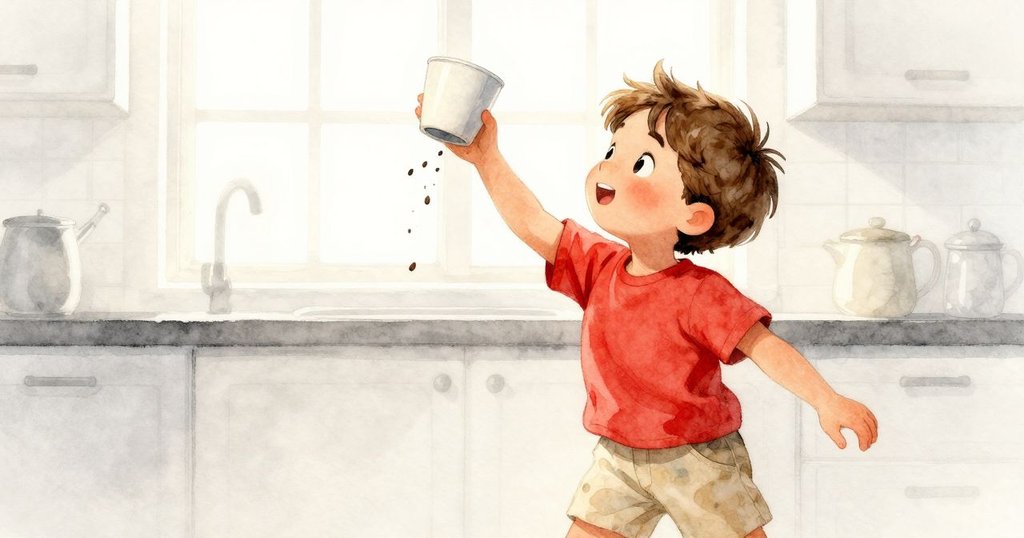 Ronan動作靈活地舉起第四個杯子，種子從中落下在濕潤櫃檯上滾動，畫面充滿活力與幸福的微笑。