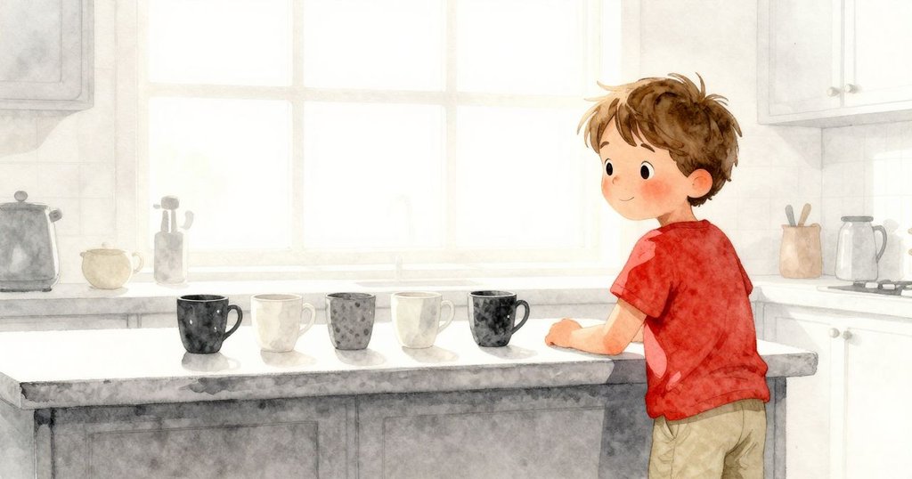 Ronan最終將四個杯子整齊排列於窗邊，帶著滿足與安寧的微笑，晨光灑落，彌漫著淡淡甜香，展現完美結局。