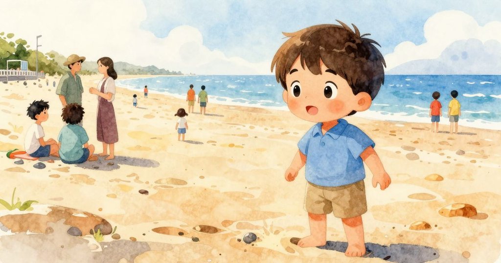 敘述者在繁忙海灘中探索，與家人及園丁互動，陽光照耀溫暖沙灘，眾人歡聚，展現早晨活力。